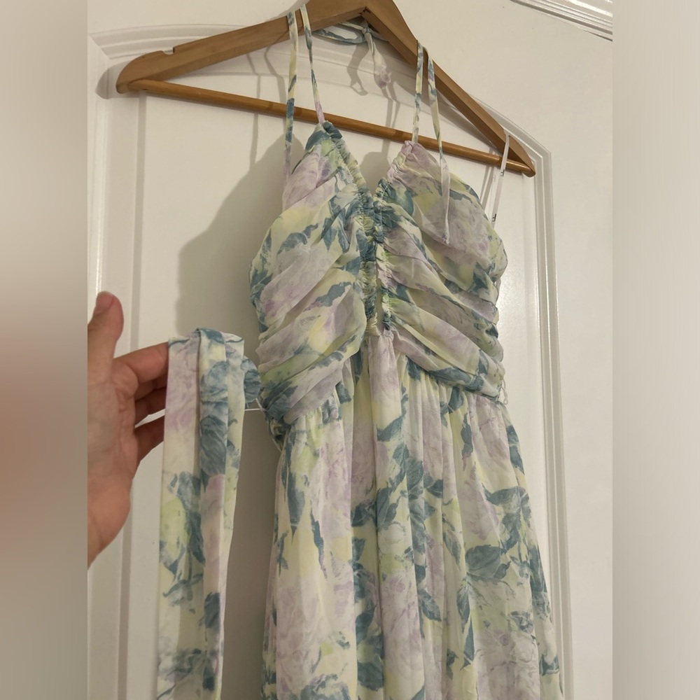 NWT Effortlessly Abloom Green Multi Floral Ruched Halter Maxi Dress Sz XS - Picture 11 of 13